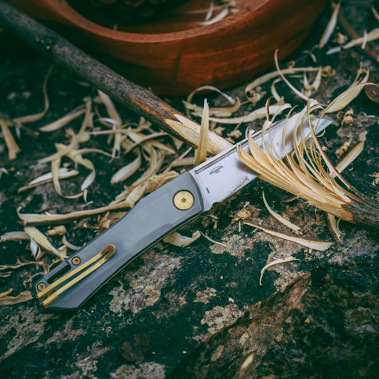 REALSTEEL Solis Slipjoint Folding Pocket Knife - Bohler N690 Satin Blade with Titanium TC4 Handle - Perfect for Camping, and Daily Cutting Tasks - EDC Knife for Men Women (Golden Hardware/Satin)
