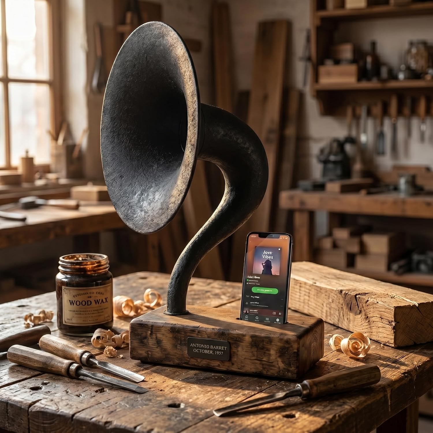 Handmade Acoustic Phone Speaker, Gramophone Phone Amplifier, Vintage Passive Speaker for Home Decor, Office Furniture Gift, Unique Handmade Smart Phone Dock - 15' Aged Oak & Cast Black