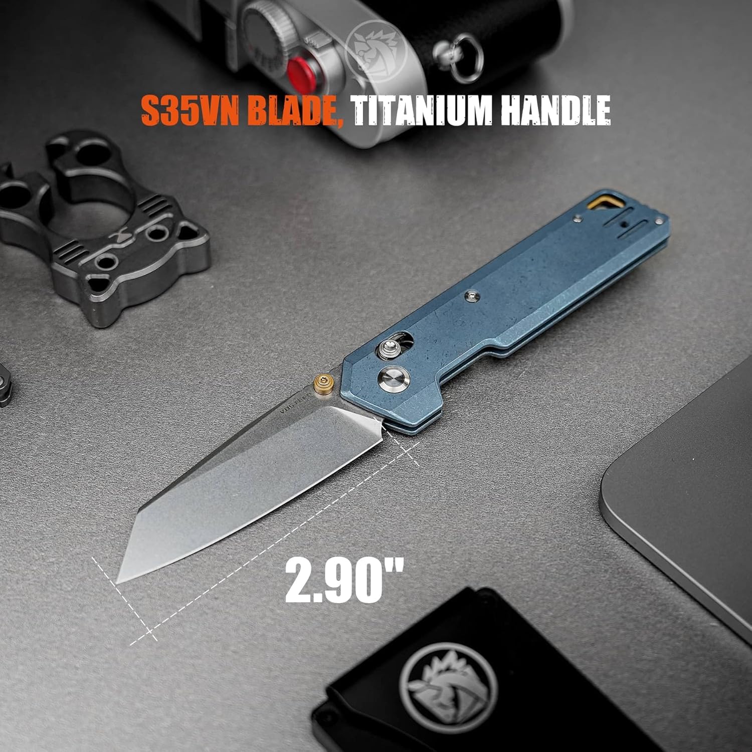 Vosteed Ultra Thin EDC Pocket Knife for Men & Women, 2.9' S35VN Blade, Golden Thumb Stud, Crossbar Lock Titanium Handle Folding Knives | Reversible Clip - Parallel A3504