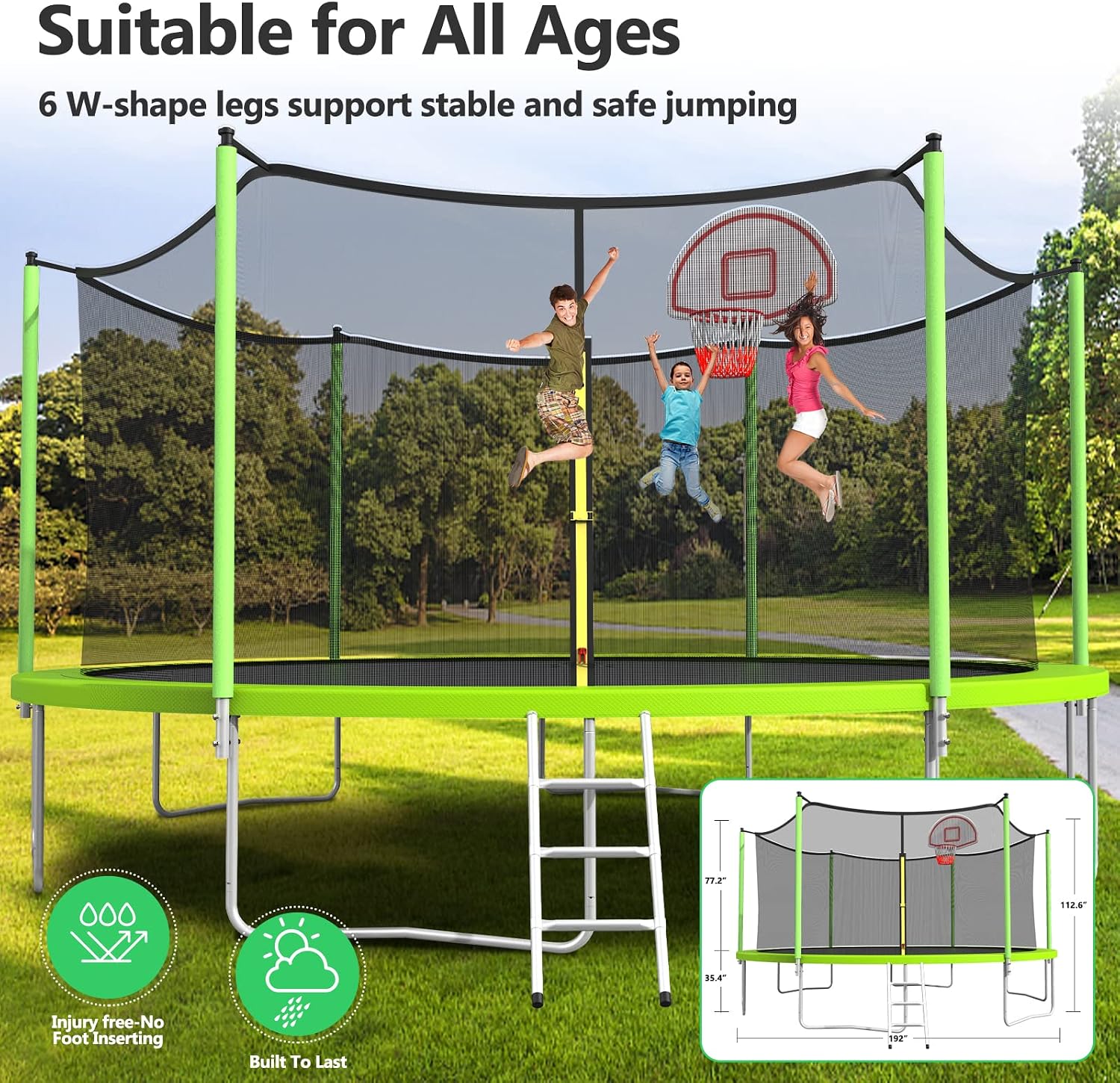 Lyromix Upgraded Trampoline with Lights, Large Outdoor Trampoline with Sprinkler,Basketball Hoop and Net, Capacity for 5-8 Kids and Adults