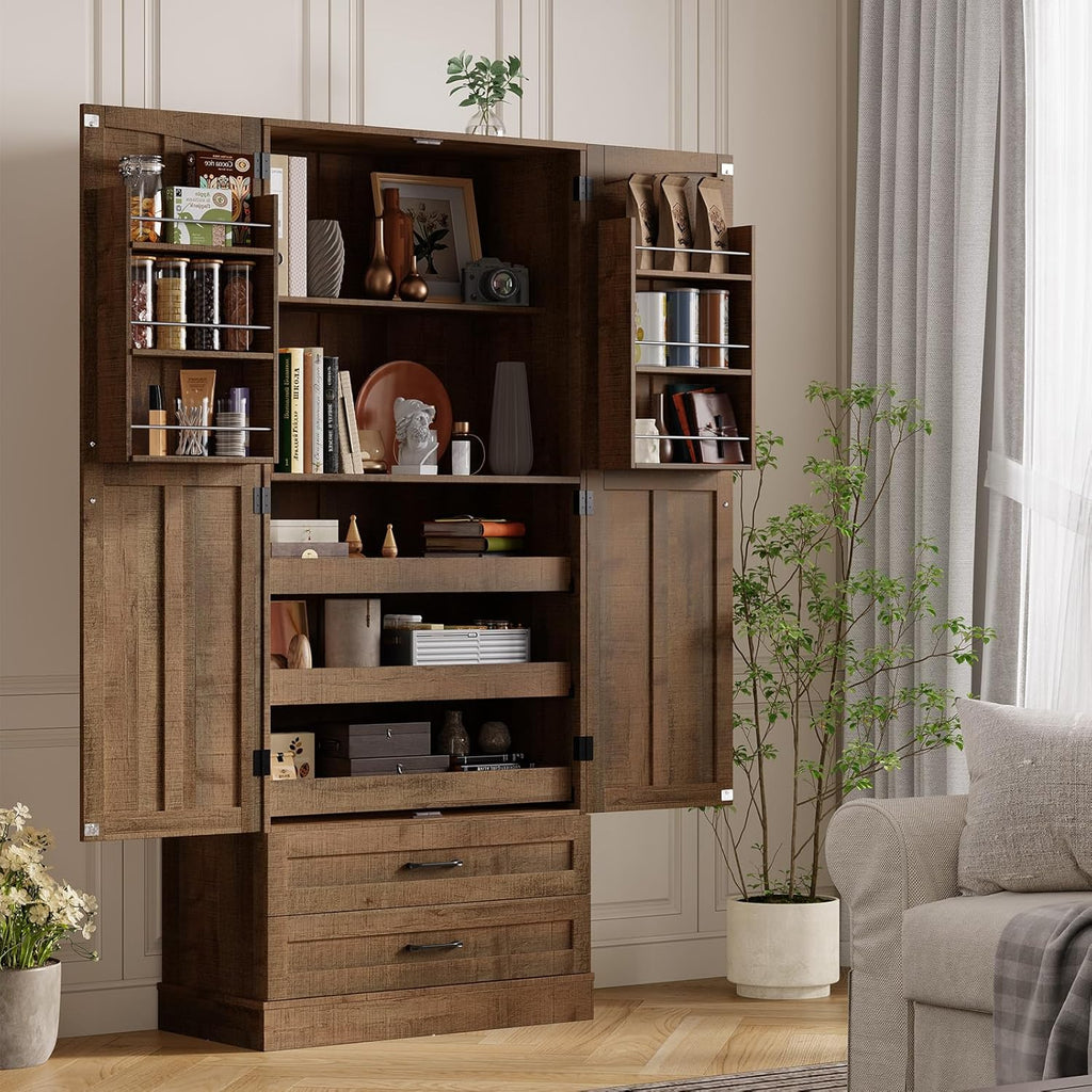 ONBRILL 71' Tall Farmhouse Kitchen Pantry Cabinet with 3 Pull Out Shelves & 2 Large Drawers, Pantry Storage Cabinet with 6 Door Shelf & Adjustable Shelf, Freestanding Cupboard for Kitchen, Dining Room