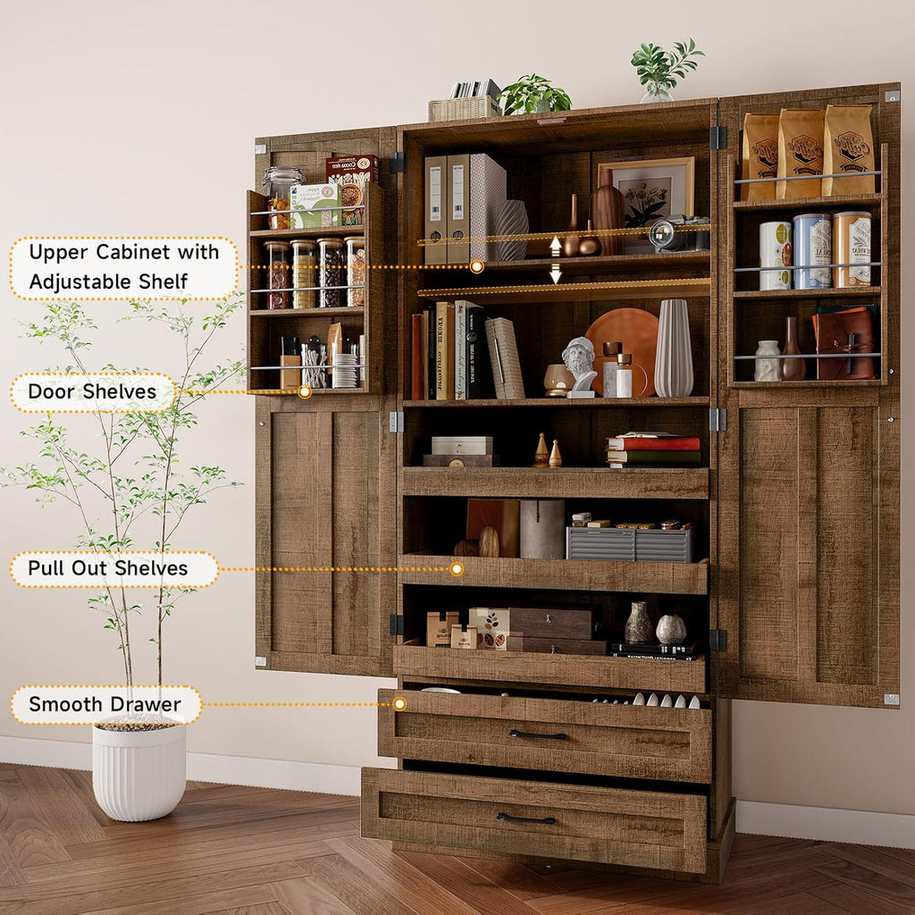 ONBRILL 71' Tall Farmhouse Kitchen Pantry Cabinet with 3 Pull Out Shelves & 2 Large Drawers, Pantry Storage Cabinet with 6 Door Shelf & Adjustable Shelf, Freestanding Cupboard for Kitchen, Dining Room