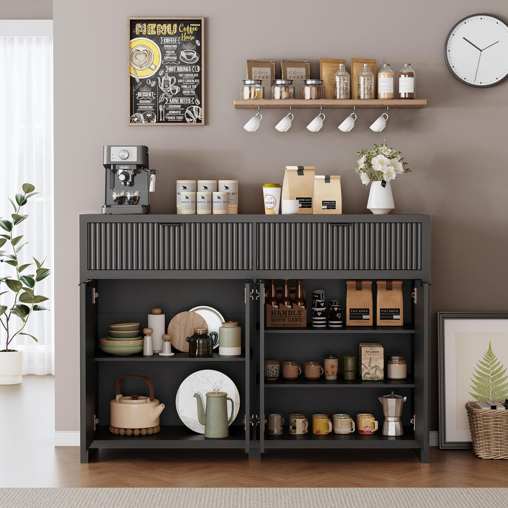 55' W Fluted Buffet Cabinet with Storage Accent Sideboard with 2 Drawers & 4 Doors,Wood Console Coffee Bar Table with Adjustable Shelves for Living Room,Kitchen and Dining Room