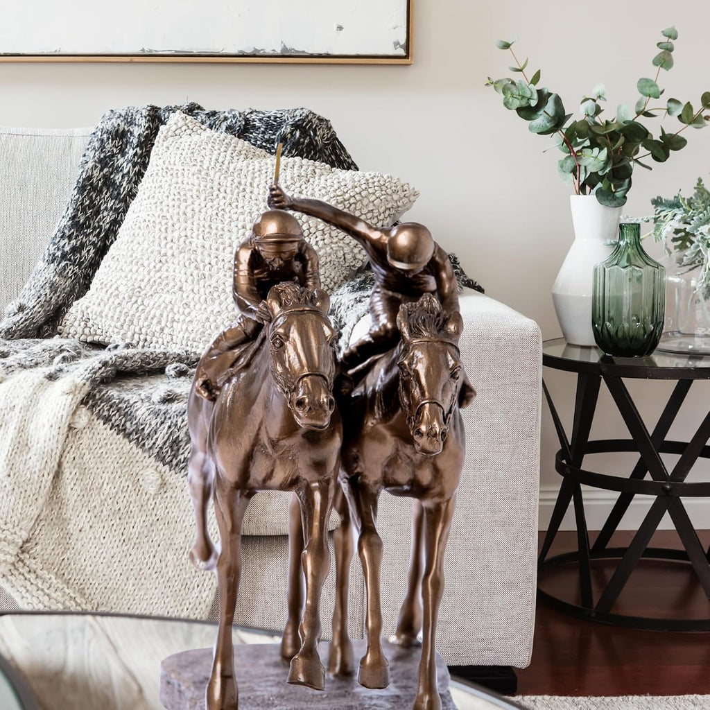Modern Jockeys Horse Racing Bronze Resin Sculpture - Sleek Equestrian Art, Handmade Home Decor, Unique Gift for Horse Racing Fans, Sports Art Collectors-11.8 x 5.1 x 9.8 in (Bronze)