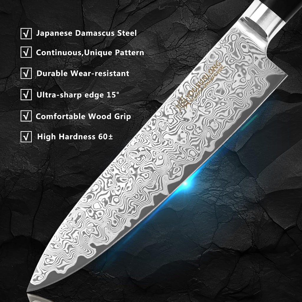 YOUSUNLONG Kitchen Knife Set, 5 Piece | Natural Fraxinus Americana Wood Knife Holder, Ultra Sharp High Carbon Japanese Damascus Steel Blade, Natural Ebony Handle
