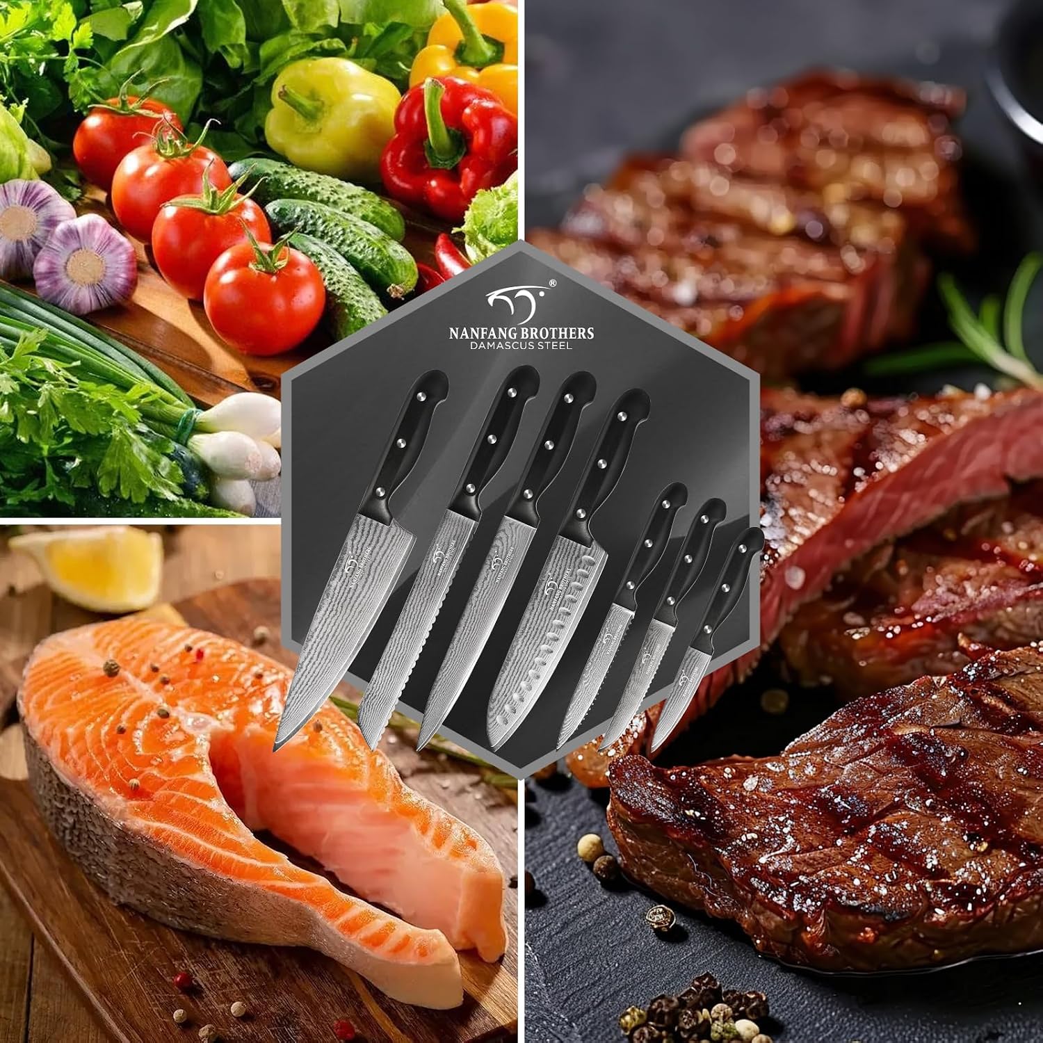 NANFANG BROTHERS 15-Piece Damascus Kitchen Knife Set, 67-Layer VG10 Japanese Steel, Professional Chef & Steak Knife Set with Compact Block, Triple-Riveted Handles (Hand-Wash Only)