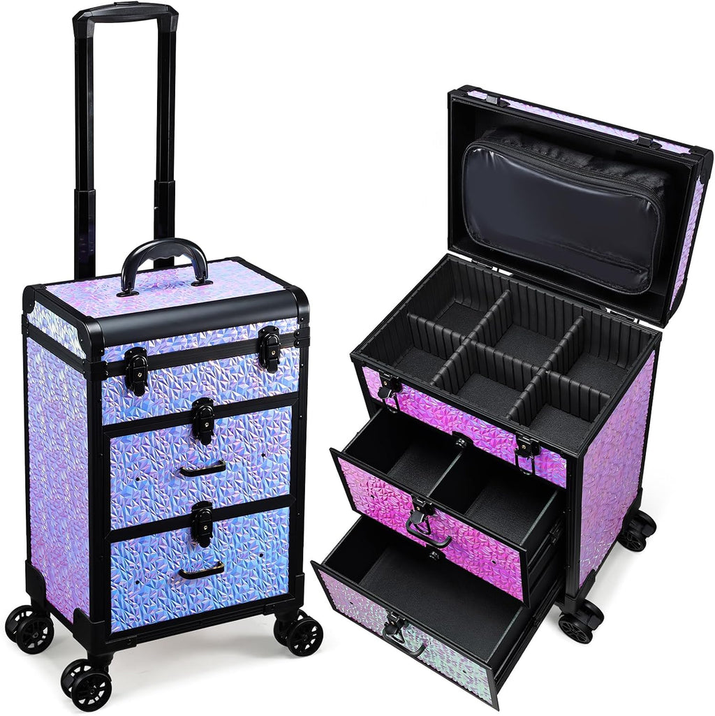 Professional Rolling Makeup Train Case with Drawers, Large Cosmetic Trolley with Locks, Cosmetics Storage Organizer Make up Case for Travel Makeup/Nail Art/Hair Styling, Shiny Pink