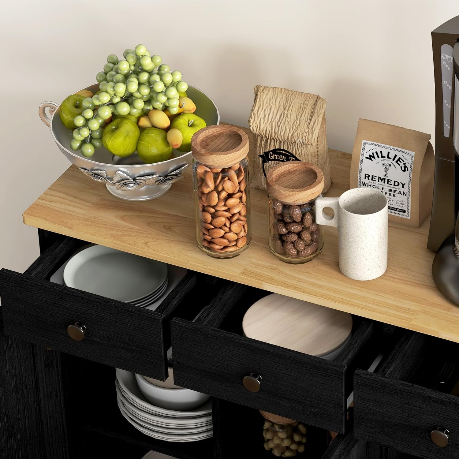 HOMCOM Sideboard Buffet Cabinet with Solid Wood Countertop, Modern Kitchen Storage Cabinet, Coffee Bar Cabinet with 3 Drawers, Doors and Adjustable Shelf, Distressed Black