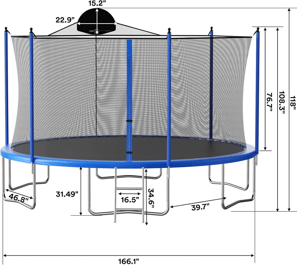 Skepphlay 16ft 14ft 12ft Trampoline Outdoor for Kids and Adults, ASTM Approved Recreational Trampoline, Round Trampoline with Basketball Hoop & Enclosure Net for Backyard