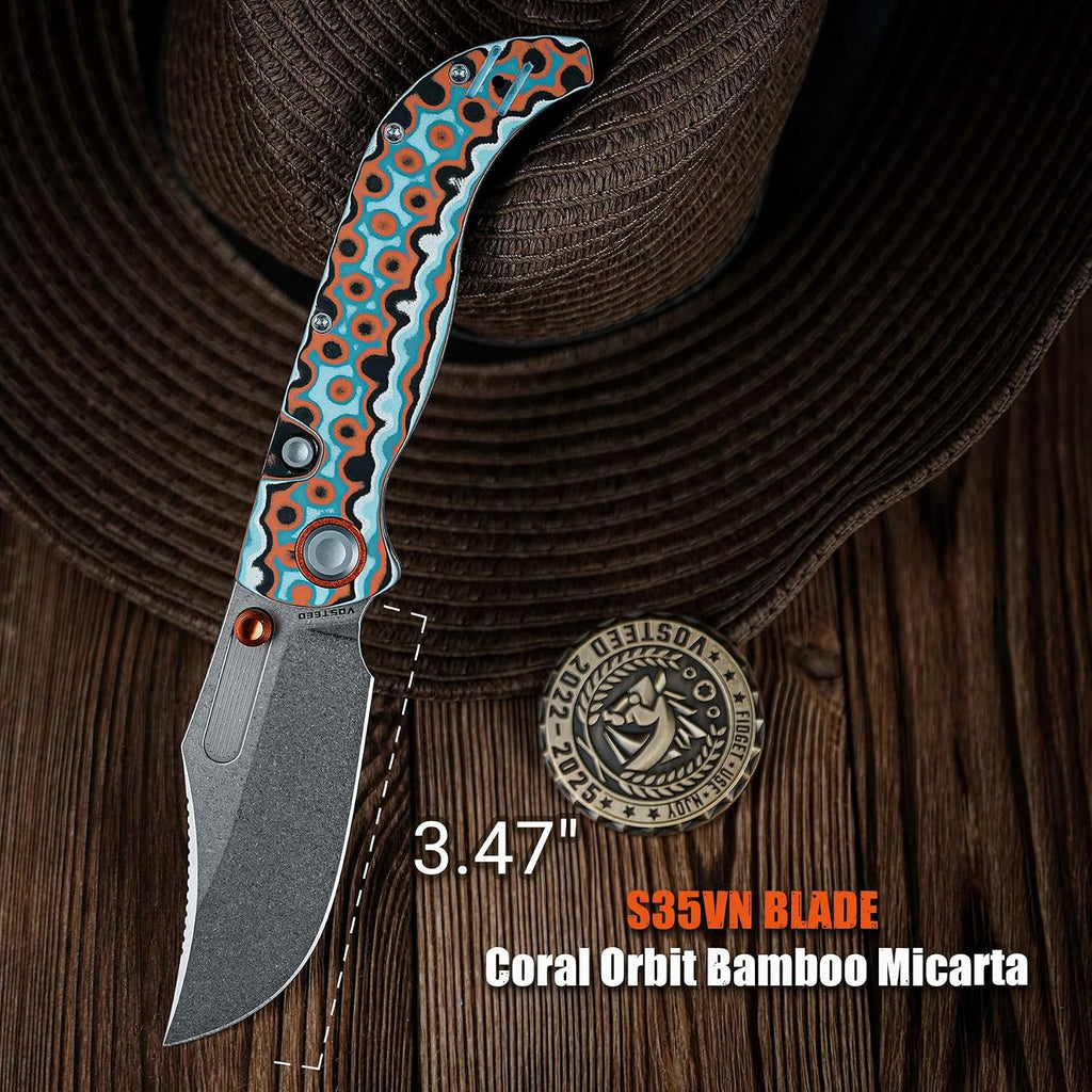 Vosteed Naga EDC Folding Pocket Knife - 3.47' S35VN Stonewash Blade - Top Liner Lock, Coral Orbit Bamboo Micarta Handle - Camping, Hiking Knives - A3907
