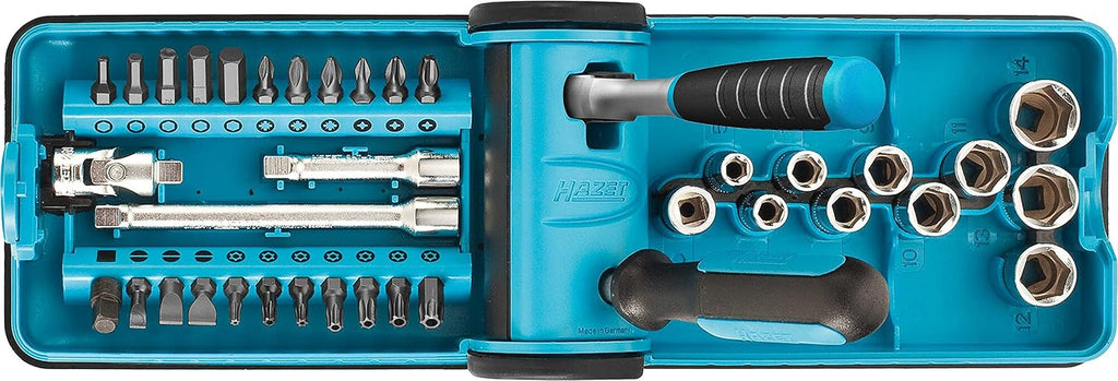 Hazet HiPer 863HP Fine Tooth Reversible Ratchet Set and 1/4 Inch Socket Handle, 10 Sockets, 21 Bits, Various Extensions and Adaptors 856-1HP, Black/Blue