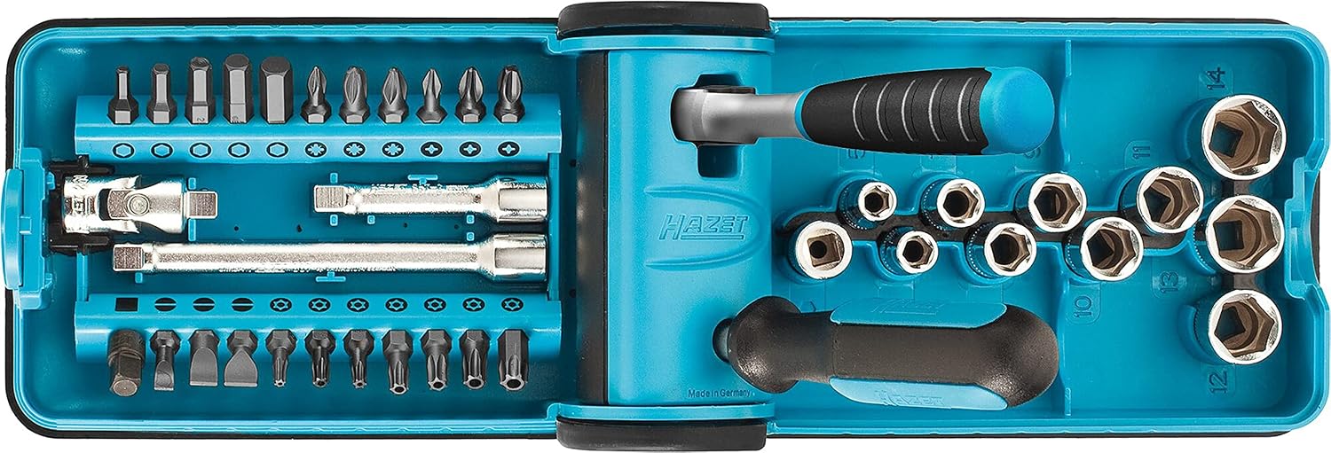 Hazet HiPer 863HP Fine Tooth Reversible Ratchet Set and 1/4 Inch Socket Handle, 10 Sockets, 21 Bits, Various Extensions and Adaptors 856-1HP, Black/Blue