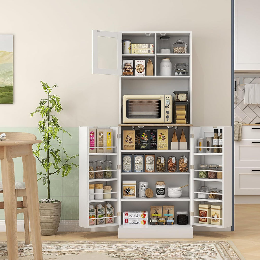 66' 8-Door & 5-Adjustable Freestanding Storage Cabinet, Kitchen Storage Bakers Rack with Microwave Stand, Utility Food Cupboard with Anti-tip Design for Kitchen Dining Areas, White