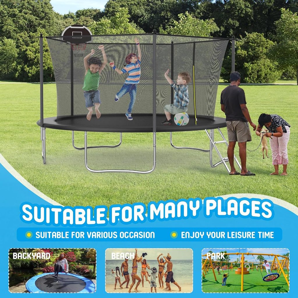14FT Tranpoline for Kids with Safety Enclosure Net Recreational Round Tranpoline with Basketball Hoop ASTM Approval Backyard Outdoor Tranpoline with Spring Pad Cover & Ladder
