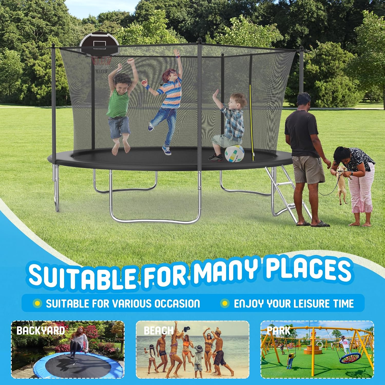 14FT Tranpoline for Kids with Safety Enclosure Net Recreational Round Tranpoline with Basketball Hoop ASTM Approval Backyard Outdoor Tranpoline with Spring Pad Cover & Ladder
