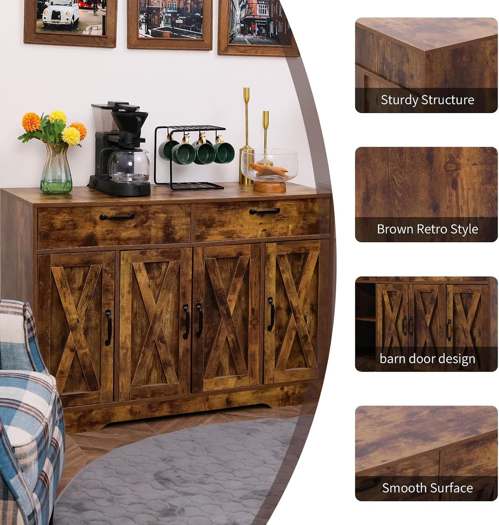 Sideboard Cabinet with Drawers, 47' W Sideboard Buffet Storage Cabinet with Storage for Kitchen, Farmhouse Coffee Bar Cabinets with Shlves and Doors Hallway, Brown