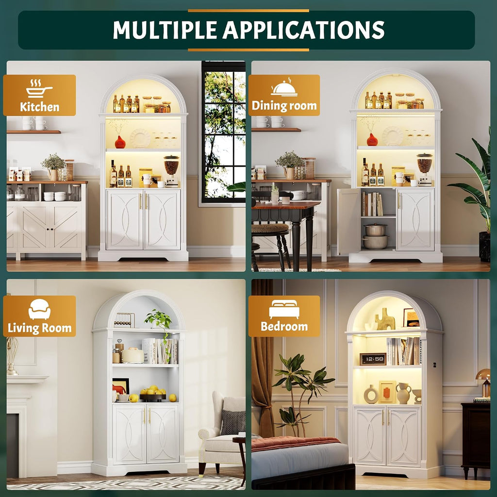 Vlsrka 71' Tall Arched Cabinet, Kitchen Pantry Cabinets, Arched Bookshelf/Bookcase,China Cabinet, Wood Kitchen Storage Cabinets with Open & Adjustable Shelves, Induction 3 Color Lights, White
