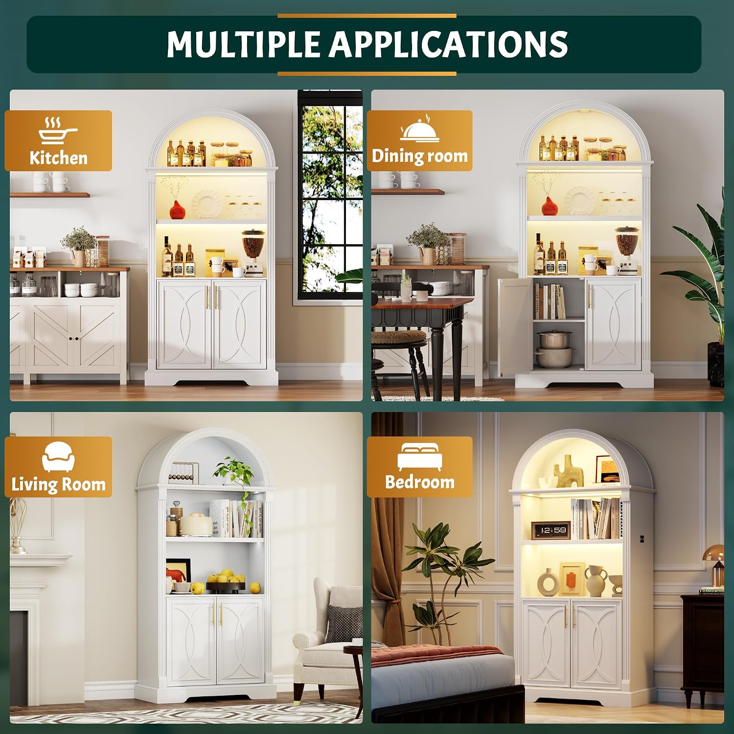 Vlsrka 71' Tall Arched Cabinet, Kitchen Pantry Cabinets, Arched Bookshelf/Bookcase,China Cabinet, Wood Kitchen Storage Cabinets with Open & Adjustable Shelves, Induction 3 Color Lights, White