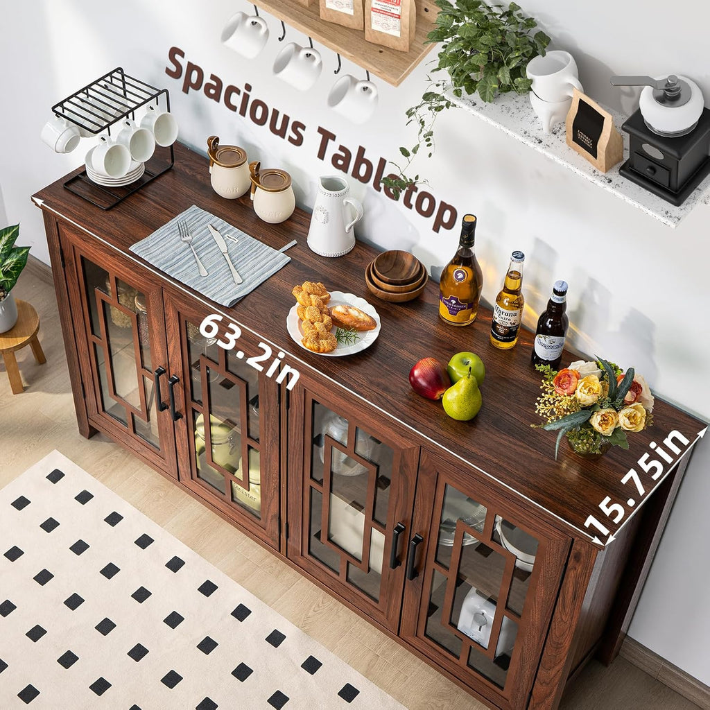 Joaxswe Large Sideboard Buffet Cabinet with Storage, 63' Farmhouse Brown Kitchen Coffee Wine Bar Cabinet with 4 Glass Doors, Wood Mid Century Modern Side Board Table for Dining Room, Living Room