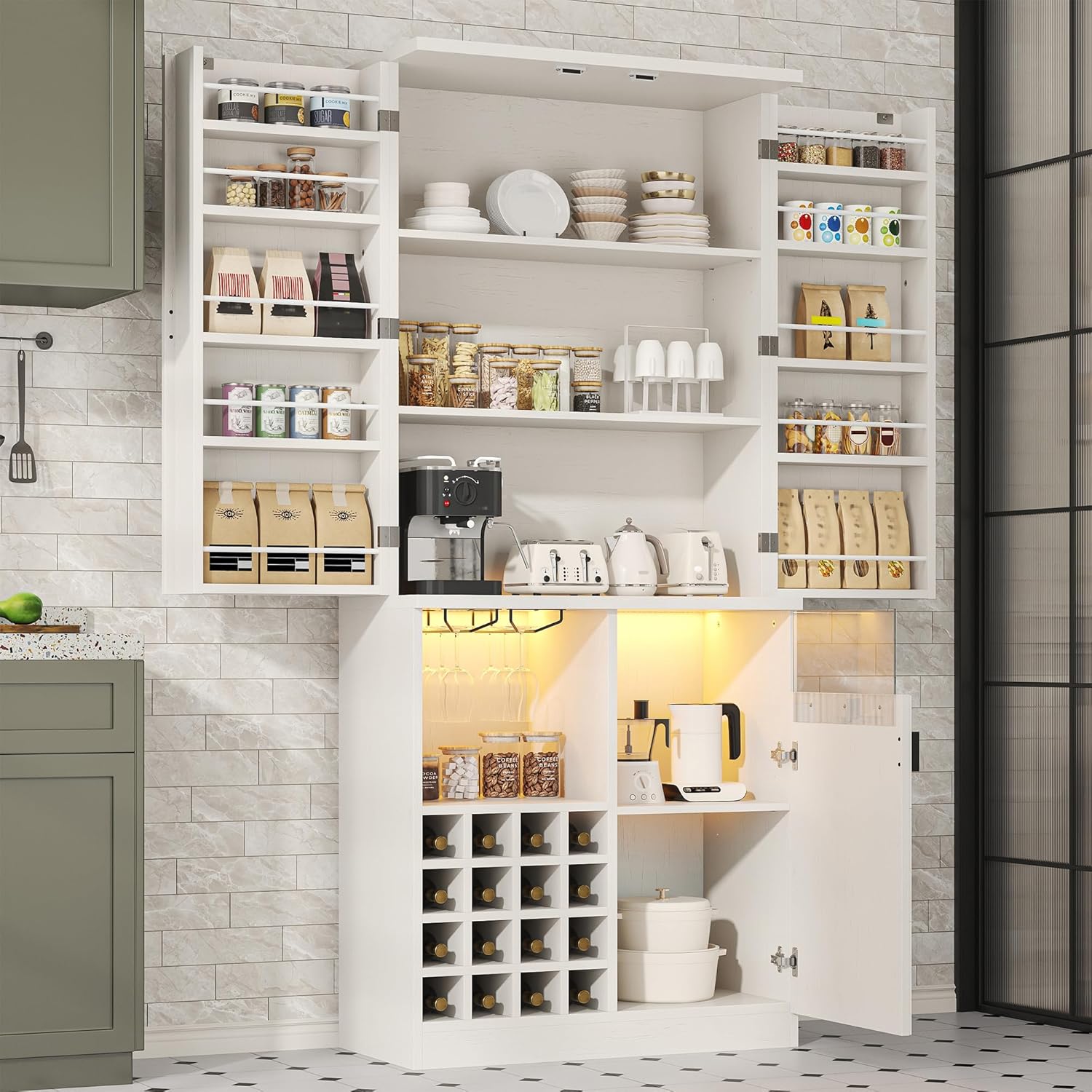 kepptory 72' Tall Kitchen Pantry Storage Cabinet, Freestanding Bar Cabinet with RGB LED Light, White Kitchen Buffet Sideboard with Doors for Dining Room Living Room
