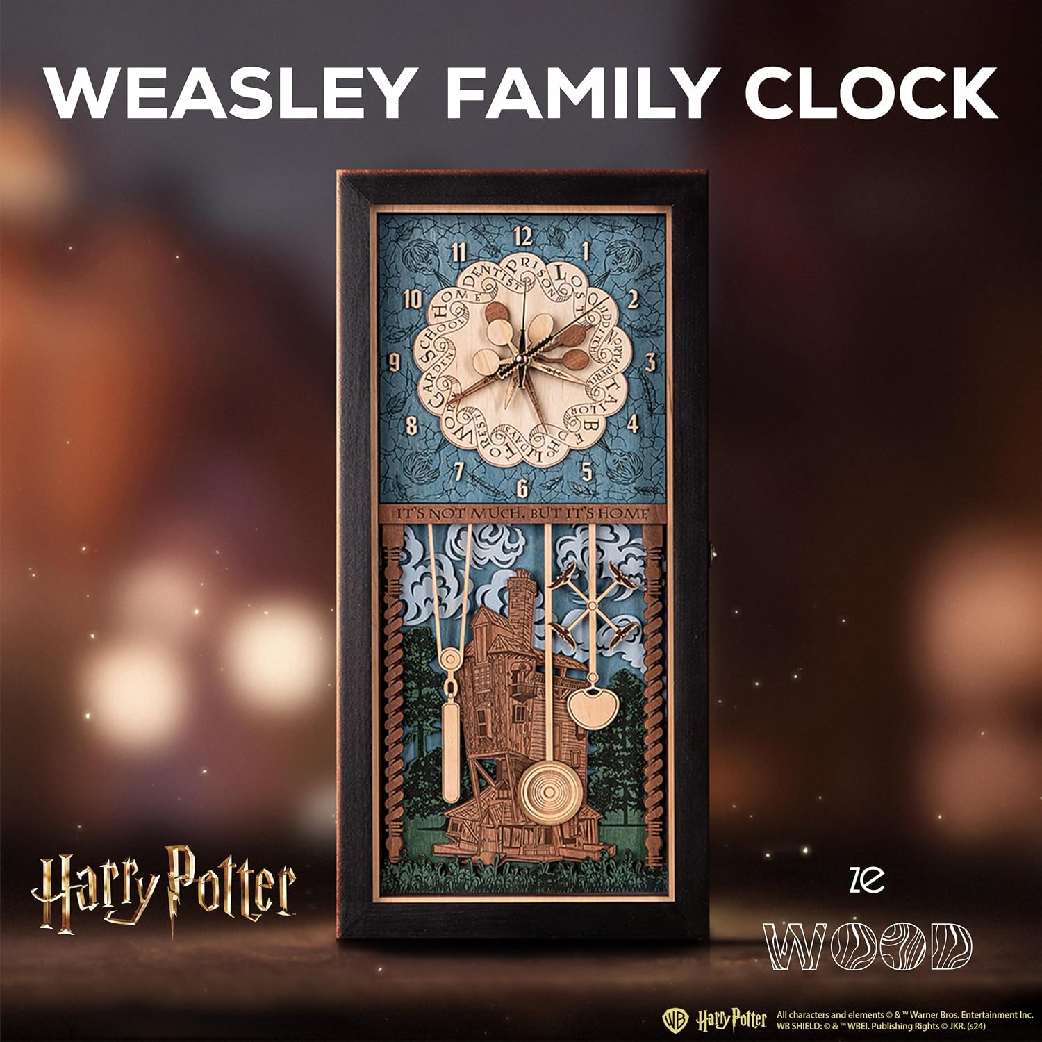 ZE WOOD Weasley Family Harry Potter 3D Wall Clock - Collectible Coffee Brown Wooden Clock, Silent Large Modern Rustic Decorative Home Decor for Harry Potter Fans, Mother's Day Gift (5 spoons, M)