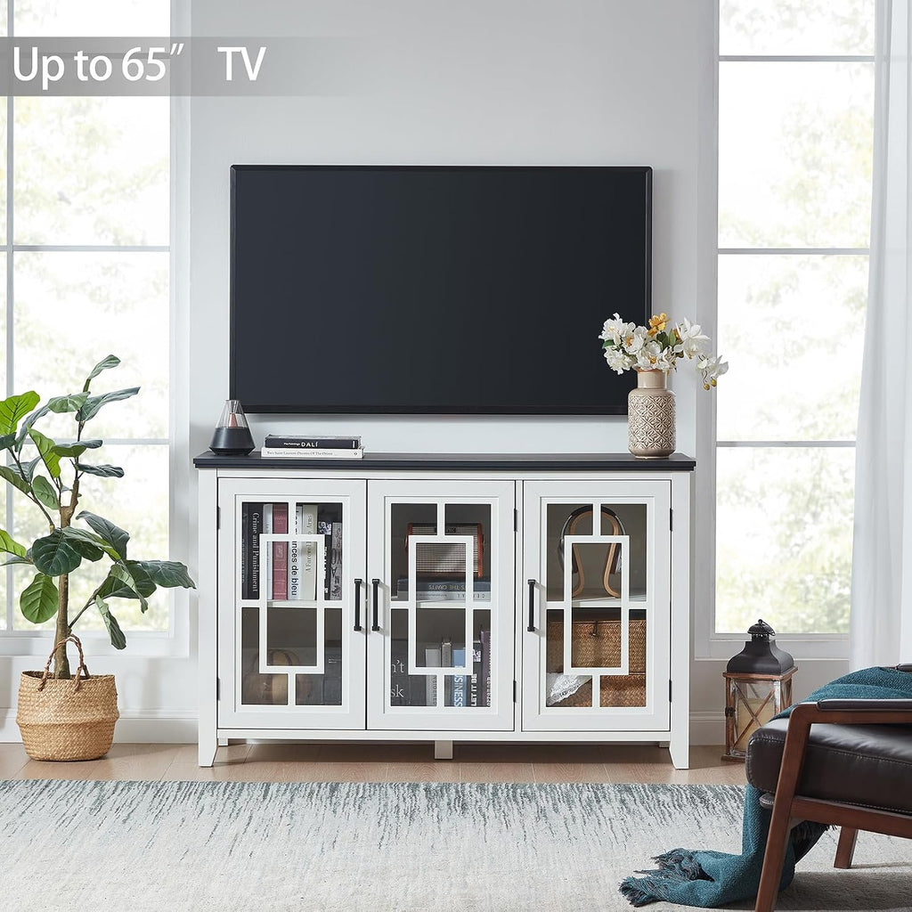 Joaxswe Large Sideboard Buffet Cabinet with Storage, 55' Farmhouse White Kitchen Coffee Wine Bar Cabinet with 3 Glass Doors, Wood Mid Century Modern Side Board Table for Dining Room, Living Room