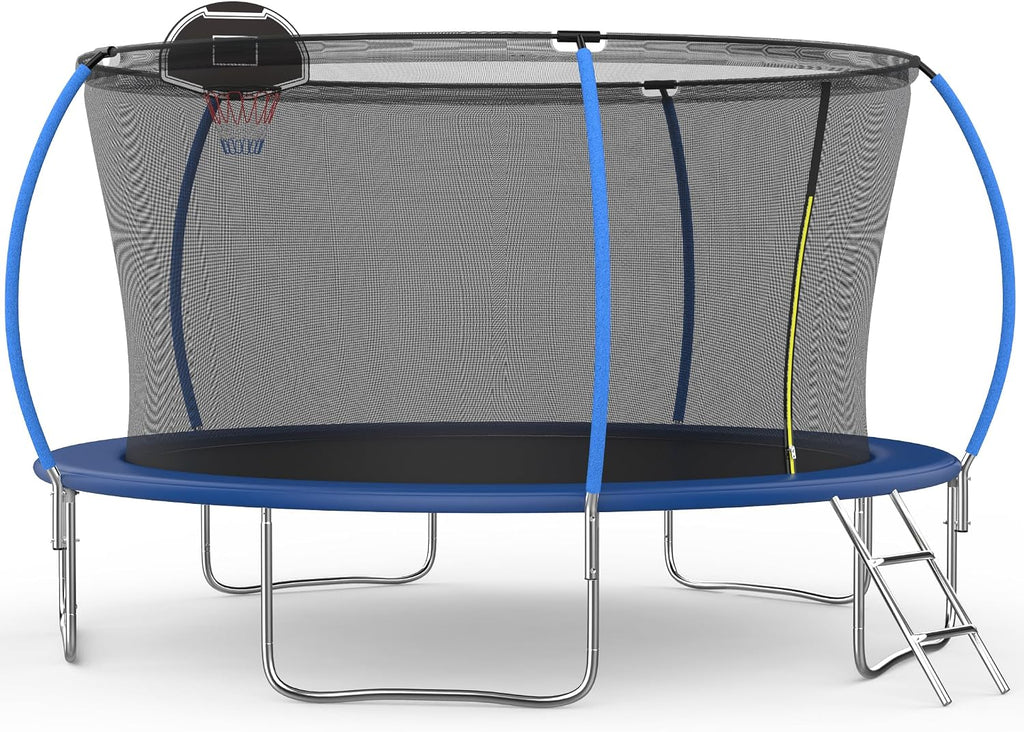 14FT Tranpoline for Kids with Safety Enclosure Net Recreational Round Tranpoline with Basketball Hoop ASTM Approval Backyard Outdoor Tranpoline with Spring Pad Cover & Ladder