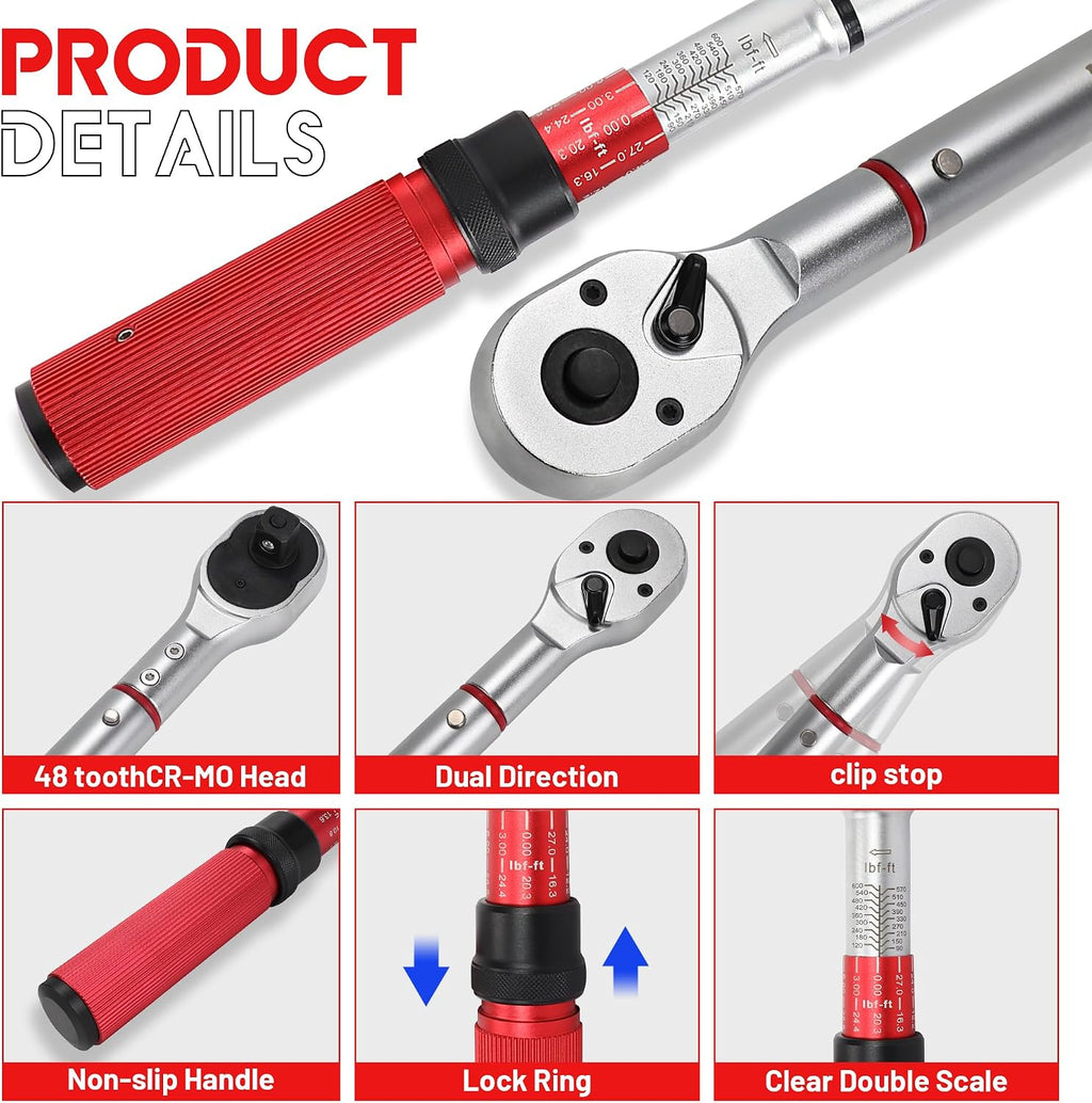 3/4 Inch Torque Wrench, 48 Tooth Torque Wrench 3/4 Drive 100-600FT.LB/135-815N.M with a Solid Storage Case