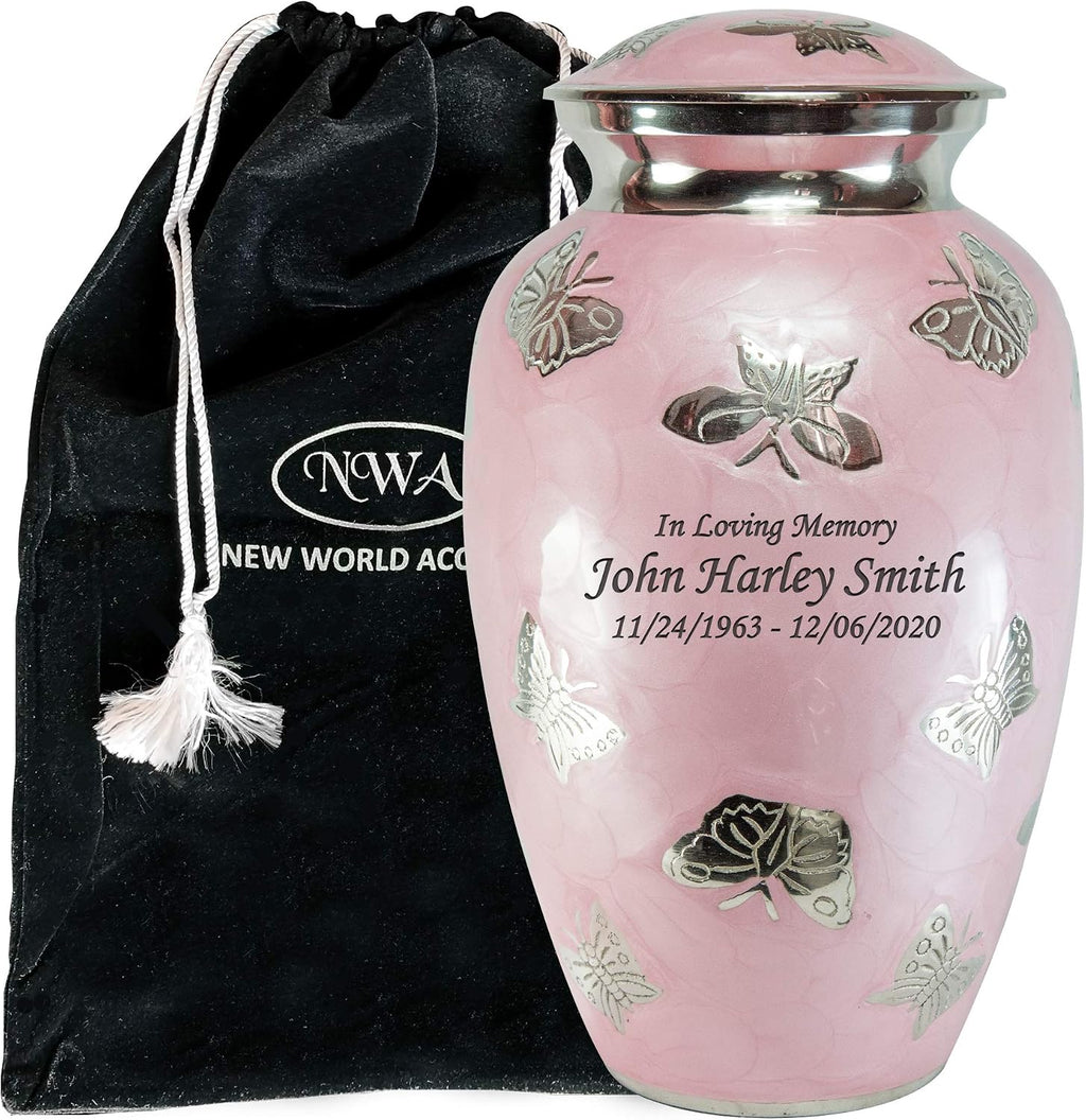 Pink Butterfly Cremation Urn for Human Ashes, Large Funeral Urn with Matching Keepsake and Personalized Engraving