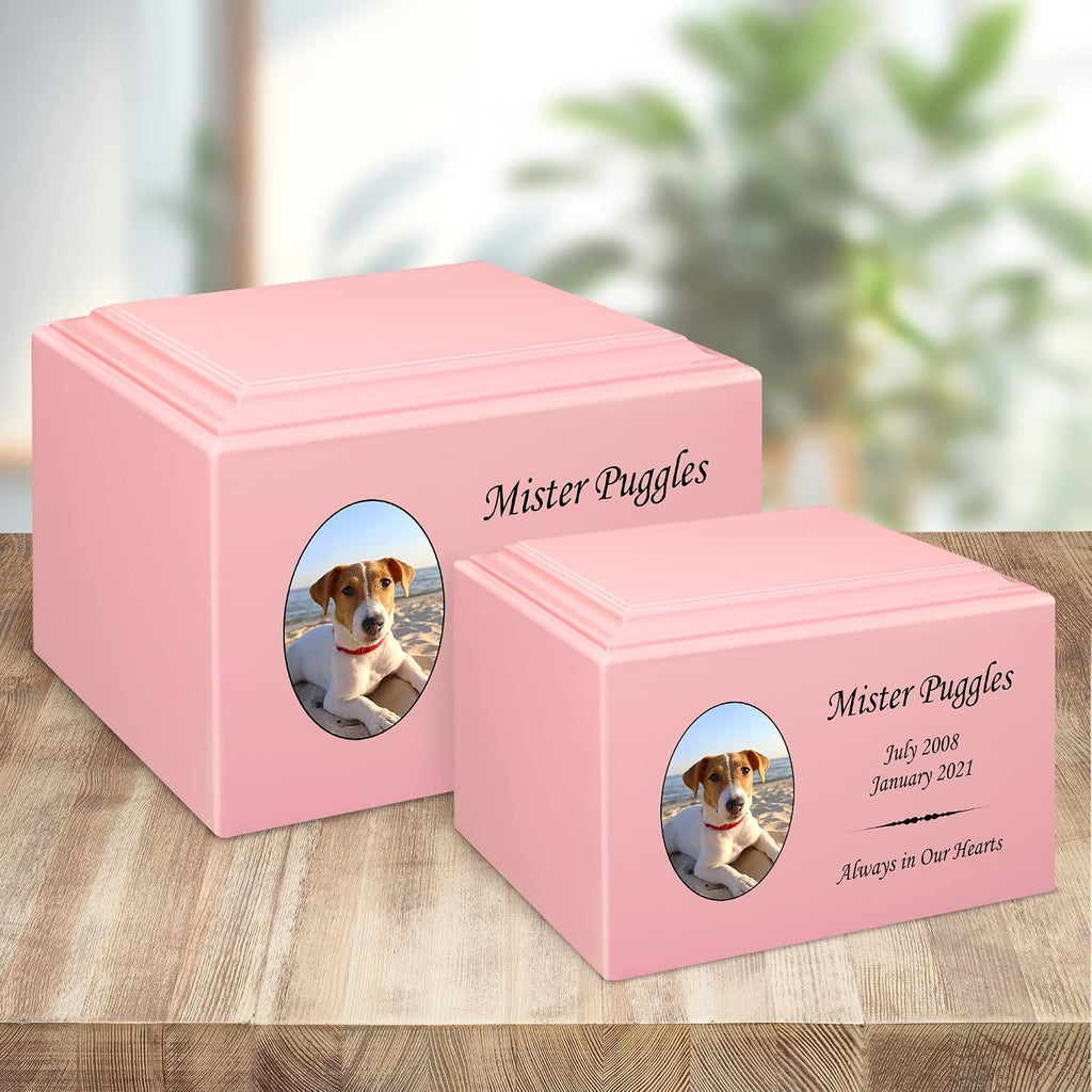 Mainely Urns Stonewood Medium Custom Pet Photo Cremation Urn for Pet Ashes - Engineered Wood Cremation Urn for Dog Ashes or Cat Ashes - 110 Cubic Inch Capacity - Customization Included (Pink)