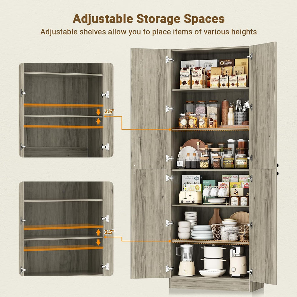 Cyclysio 80' Kitchen Pantry, Extra Tall Arch Storage Cabinet with 4 Soft Close Doors and Adjustable Shelves, Freestanding Wood Cupboard with Seamless Fit Wall for Dining Living Room Bathroom Furniture