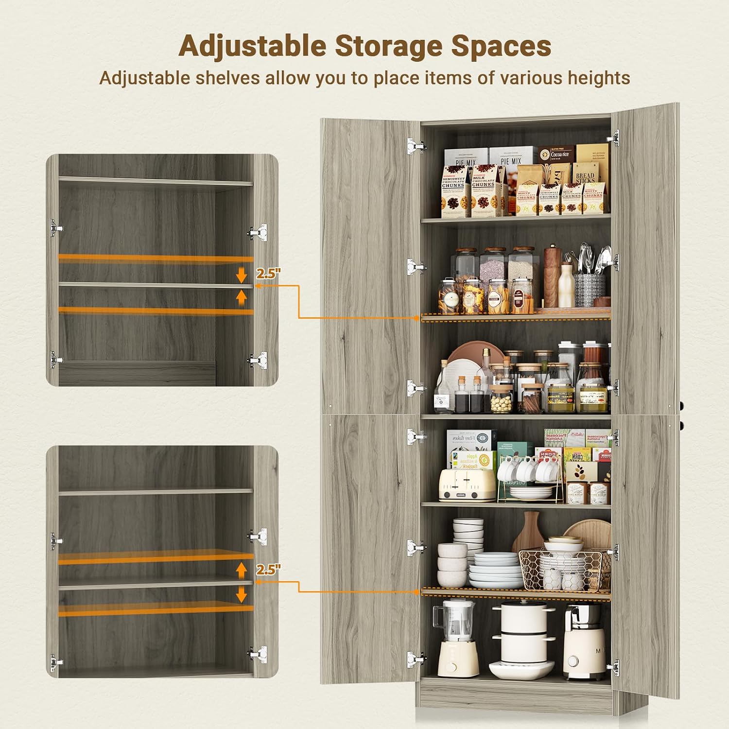 Cyclysio 80' Kitchen Pantry, Extra Tall Arch Storage Cabinet with 4 Soft Close Doors and Adjustable Shelves, Freestanding Wood Cupboard with Seamless Fit Wall for Dining Living Room Bathroom Furniture