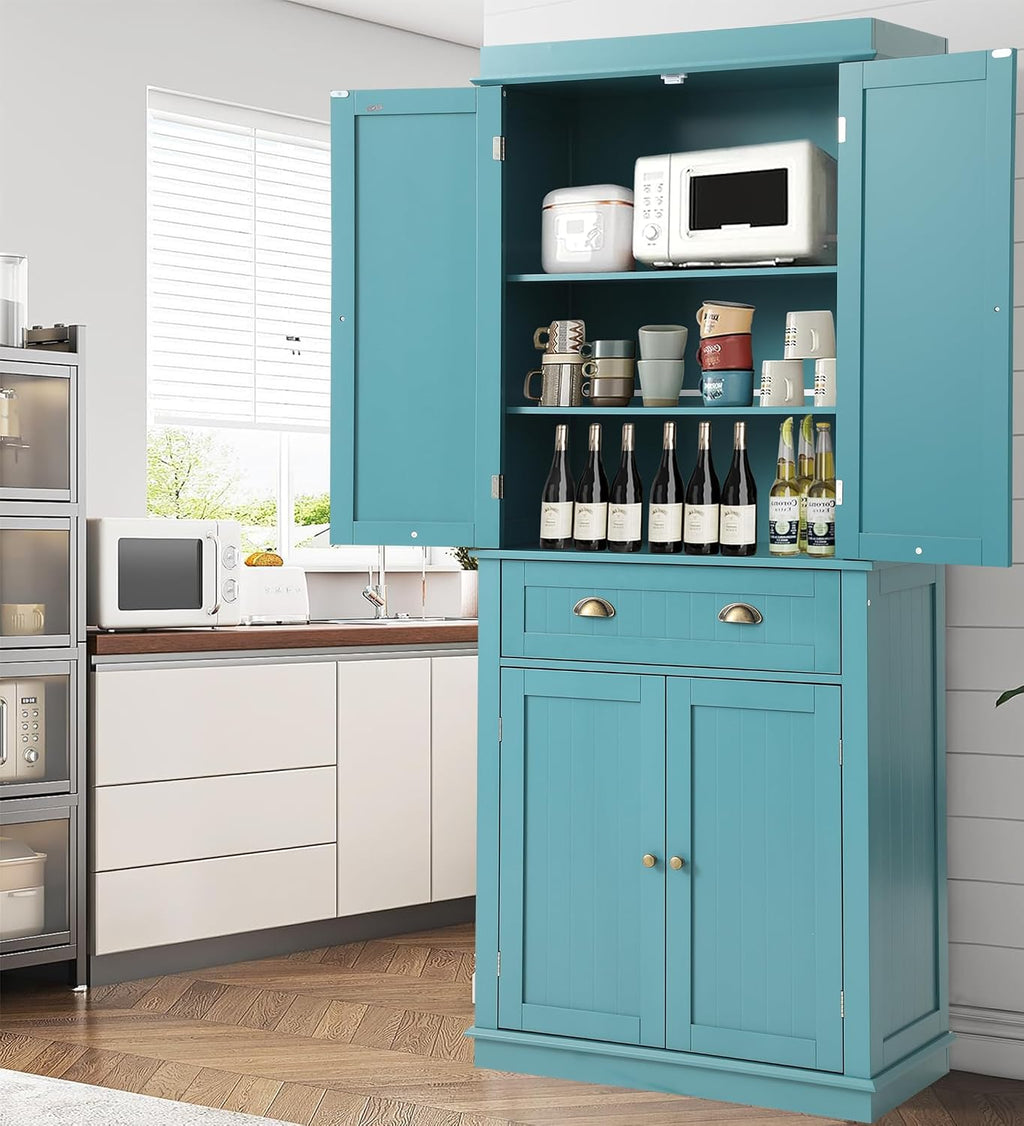 KIGOTY 72' Tall Kitchen Pantry Cabinet with Drawer and 4 Adjustable Shelves, Freestanding Pantry Storage Cabinets, Wood Cupboard Pantry Cabinet for Kitchen, Dining Room, Living Room, Turquoise