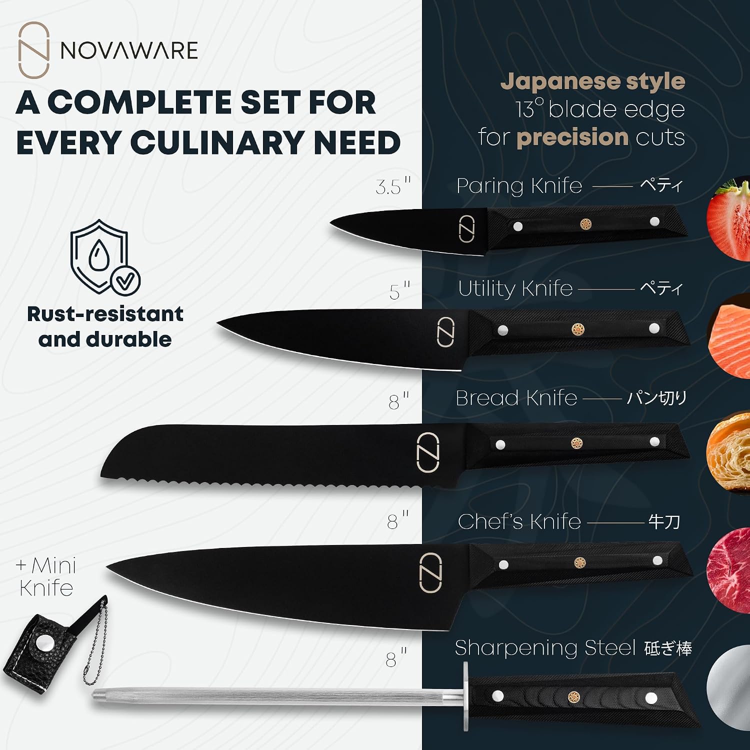 3-in-1 Magnetic Knife Block & Spice Rack Bundle - Ultra Sharp 60 HRC Chef Knife Set, Black Titanium Blades, 9 Spice Tins, Wall Mount Holder - All-in-One Kitchen Organizer + Mini Knife