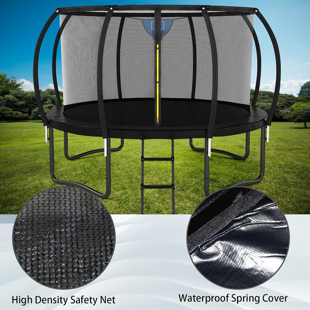 12FT 14FT Trampoline for Adults/Kids - Outdoor Trampoline with Basketball Hoop, Curved Poles, Enclosure Net and Ladder, Heavy Duty Recreational Trampoline, ASTM Approval