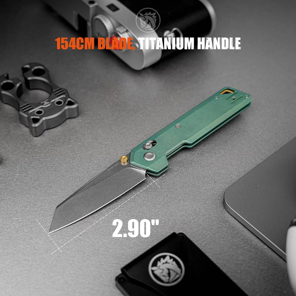 Vosteed Parallel Ultra Thin Folding Pocket Knife - 2.90' 154CM Stonewash Blade, Reverse Tanto - Crossbar Lock, Green Titanium Handle - Surviving, Camping Knives - A3519