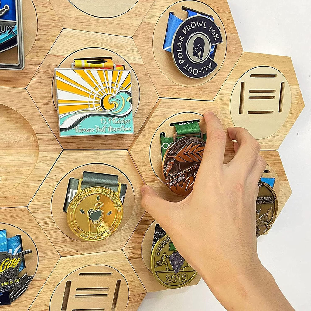 Hexagonal Medal Display Frame 24Pcs/Set Wood Medal Hanger Display Box Punch-Free Creative Stitching Sports Medal Holder, for Military/War/Sports Medal,18PCS