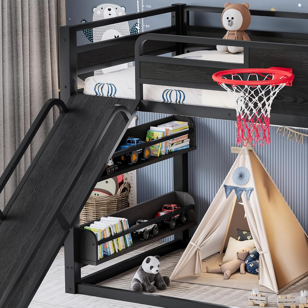Twin XL Bunk Bed with Slide, Basketball Hoop & Pull-Up Rings, Industrial Style Bunk Bed Frame with Slide, Bookshelf and Climbing Wall, Low Playhouse Loft Bed for Kids, Black