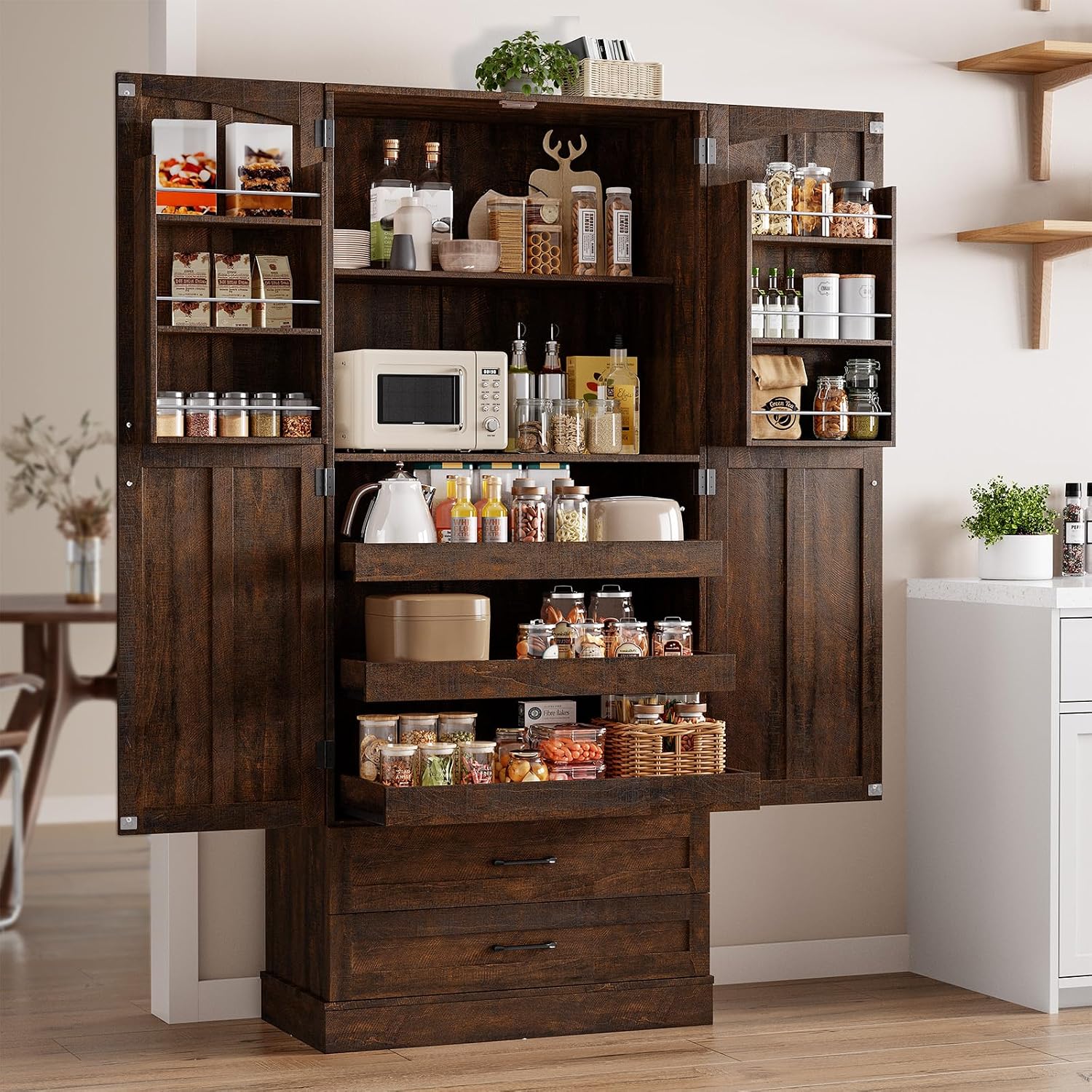 ONBRILL 71' Tall Farmhouse Kitchen Pantry Cabinet with 3 Pull Out Shelves & 2 Large Drawers, Pantry Storage Cabinet with 6 Door Shelf & Adjustable Shelf, Freestanding Cupboard for Kitchen, Dining Room