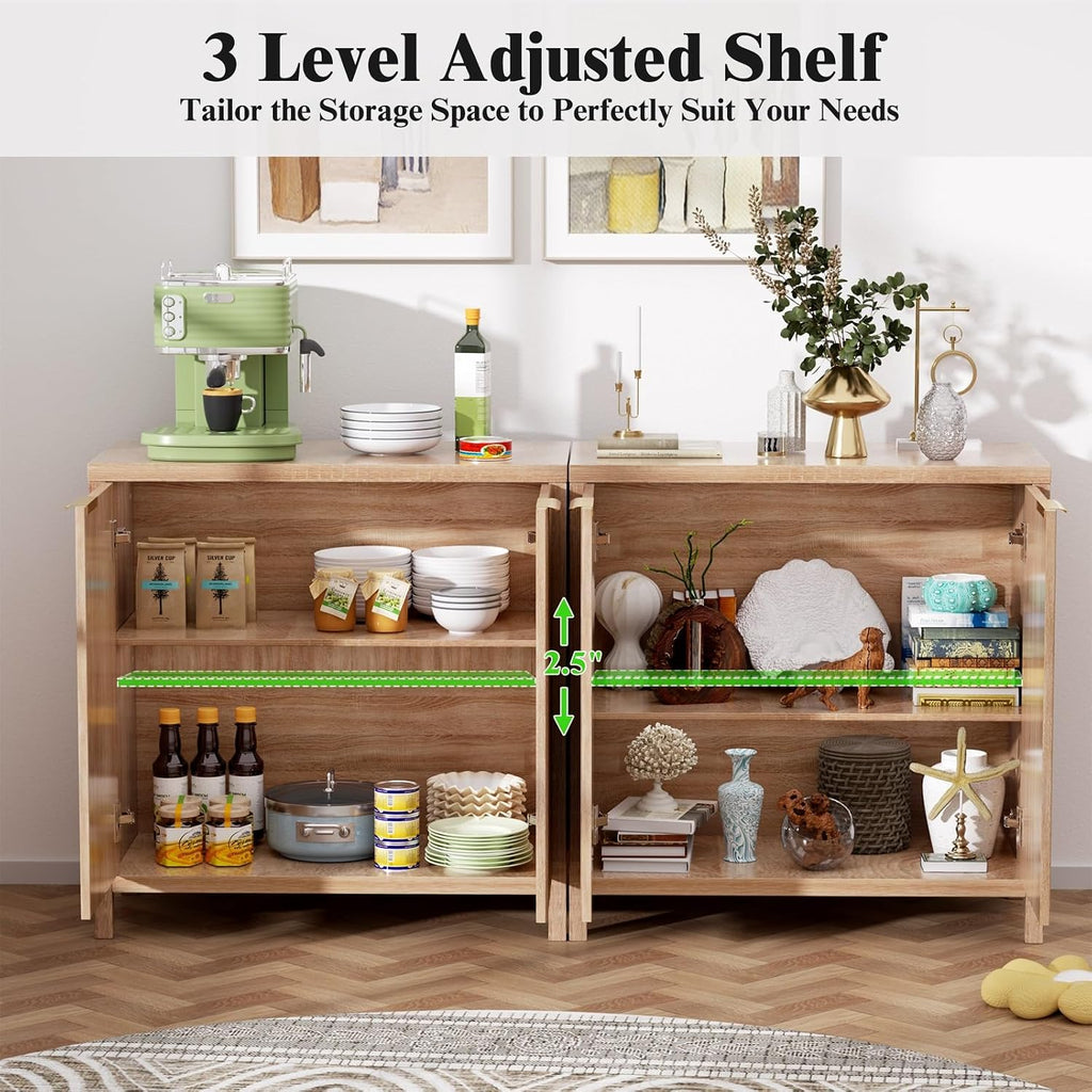 Sideboard Buffet Cabinet Set of 3, 31' Storage Cabinet with 2 Doors and Adjustable Shelves, Sideboard Console for Dinning Room, Kitchen and Living Room - Oak