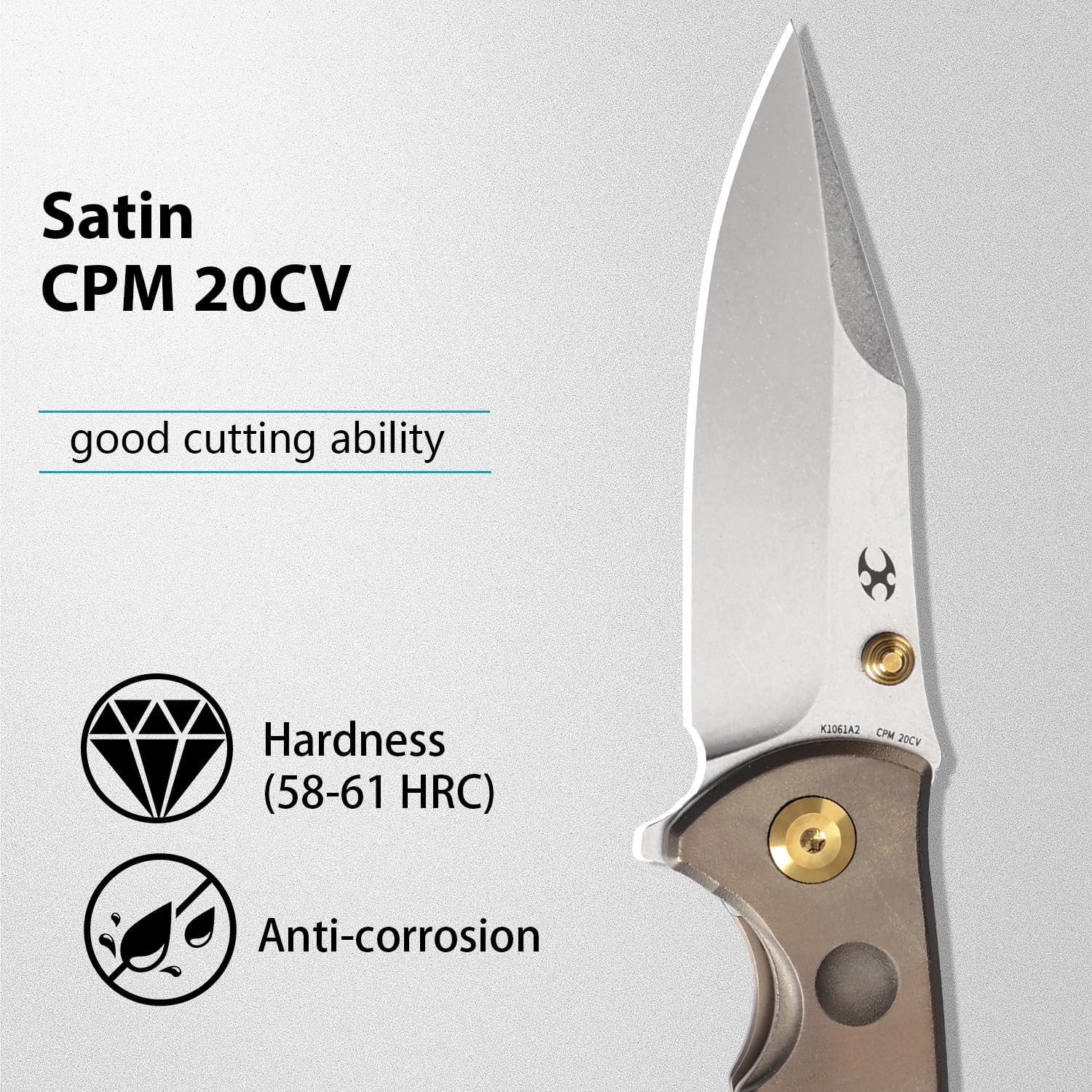 KANSEPT Rei Premium Pocket Folding Knives for Men EDC Pocket Knife 3.3'' CPM 20CV Blade Excellent Folding Knife with Orange Peel Bronze Anodized Titanium Handle EDC K1061A2