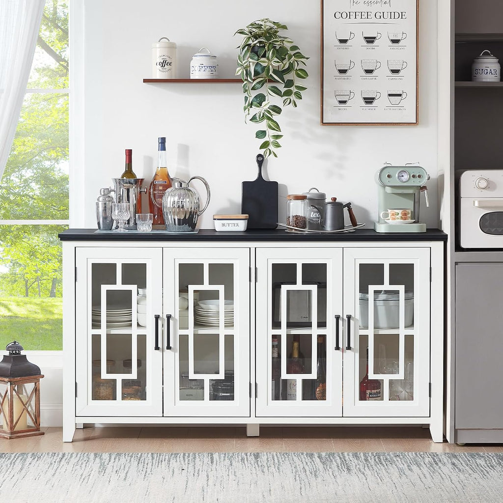 Joaxswe Large Sideboard Buffet Cabinet with Storage, 63' Farmhouse White Kitchen Coffee Wine Bar Cabinet with 4 Glass Doors, Wood Mid Century Modern Side Board Table for Dining Room, Living Room