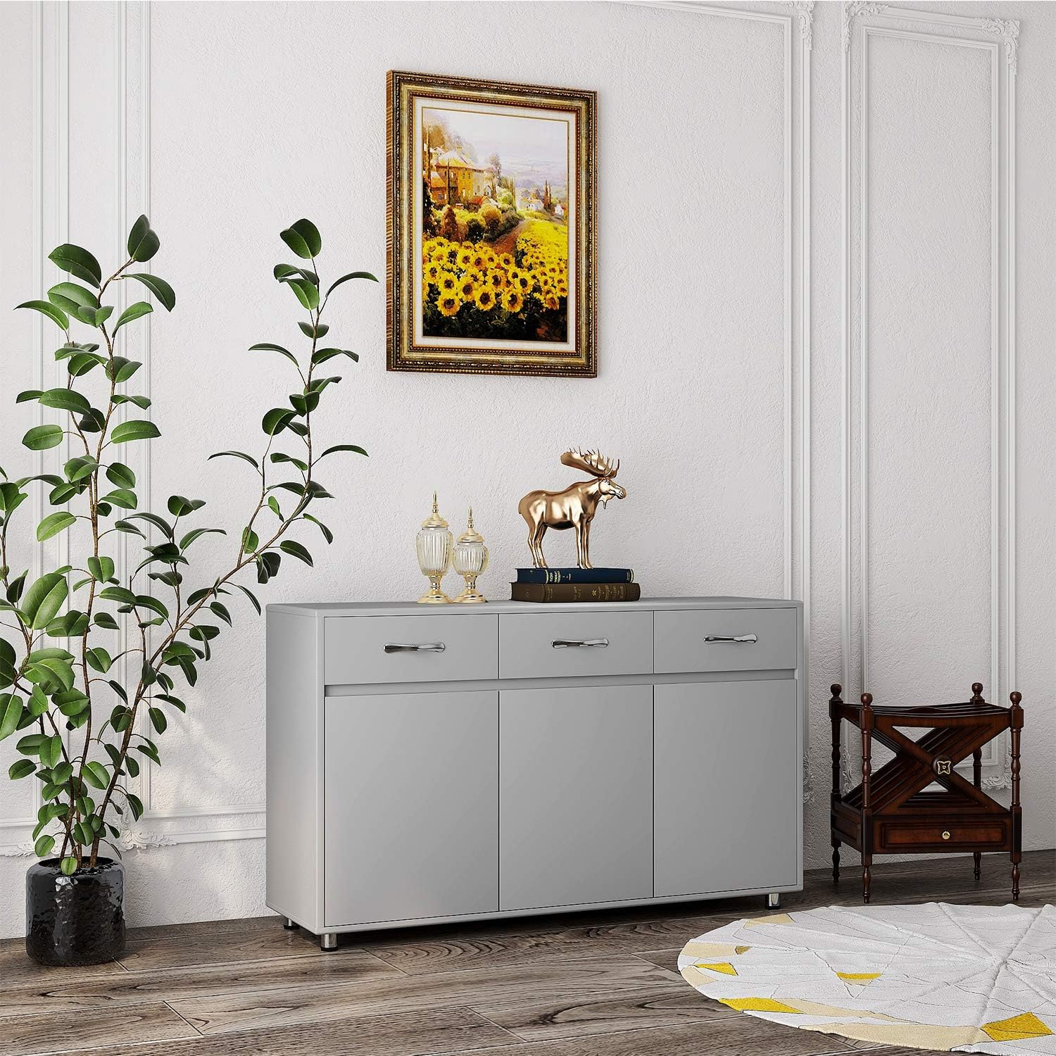 RASOO Buffet Kitchen Cabinet Storage Sideboard Cabinet Cupboard Sideboard Buffet Kitchen Room (Grey-3 Doors and 3 Drawers)
