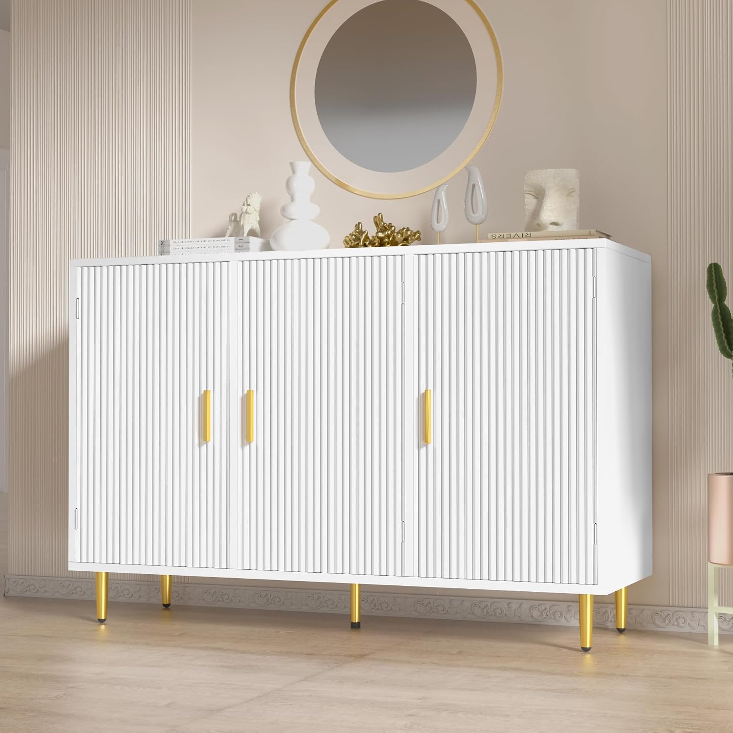 DIYART White Sideboard Buffet Cabinet, Accent Coffee Bar with 3 Doors, Entryway Cabinet for Living Room, Kitchen, Hallway