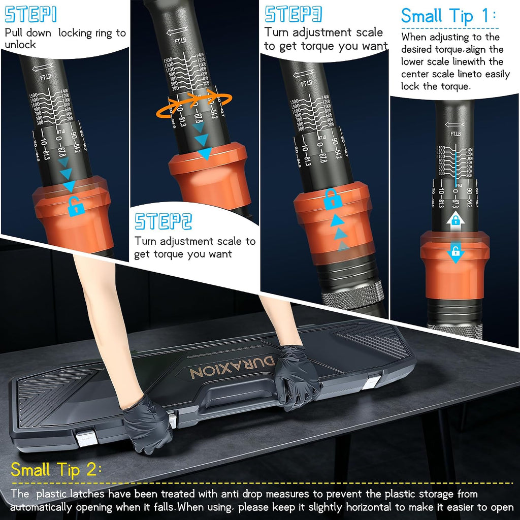 Torque Wrench 1' Dual Range Scales 200-1500ft.lb/271.0-2032.5Nm, ±3% Precision, 24 tooth Dual-direction Torque Wrenchs for Wind Tturbines Dockyards car truck repair