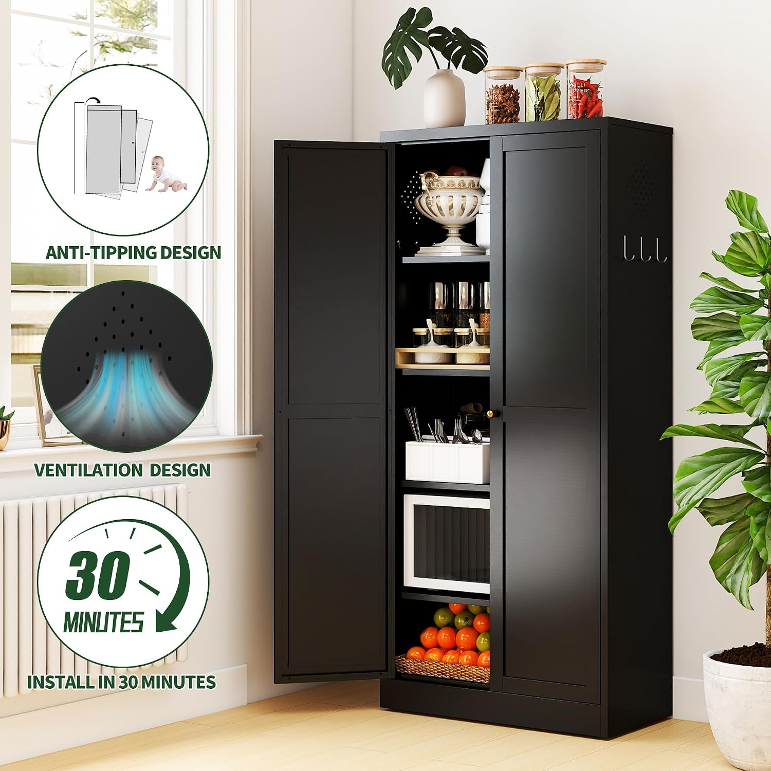 Kitchen Pantry Cabinet,Black Metal Pantry Cabinet with 2 Doors & 4 Adjustable Shelves,61' Farmhouse Utility Storage Cabinet for Living Room,Garage,Basement