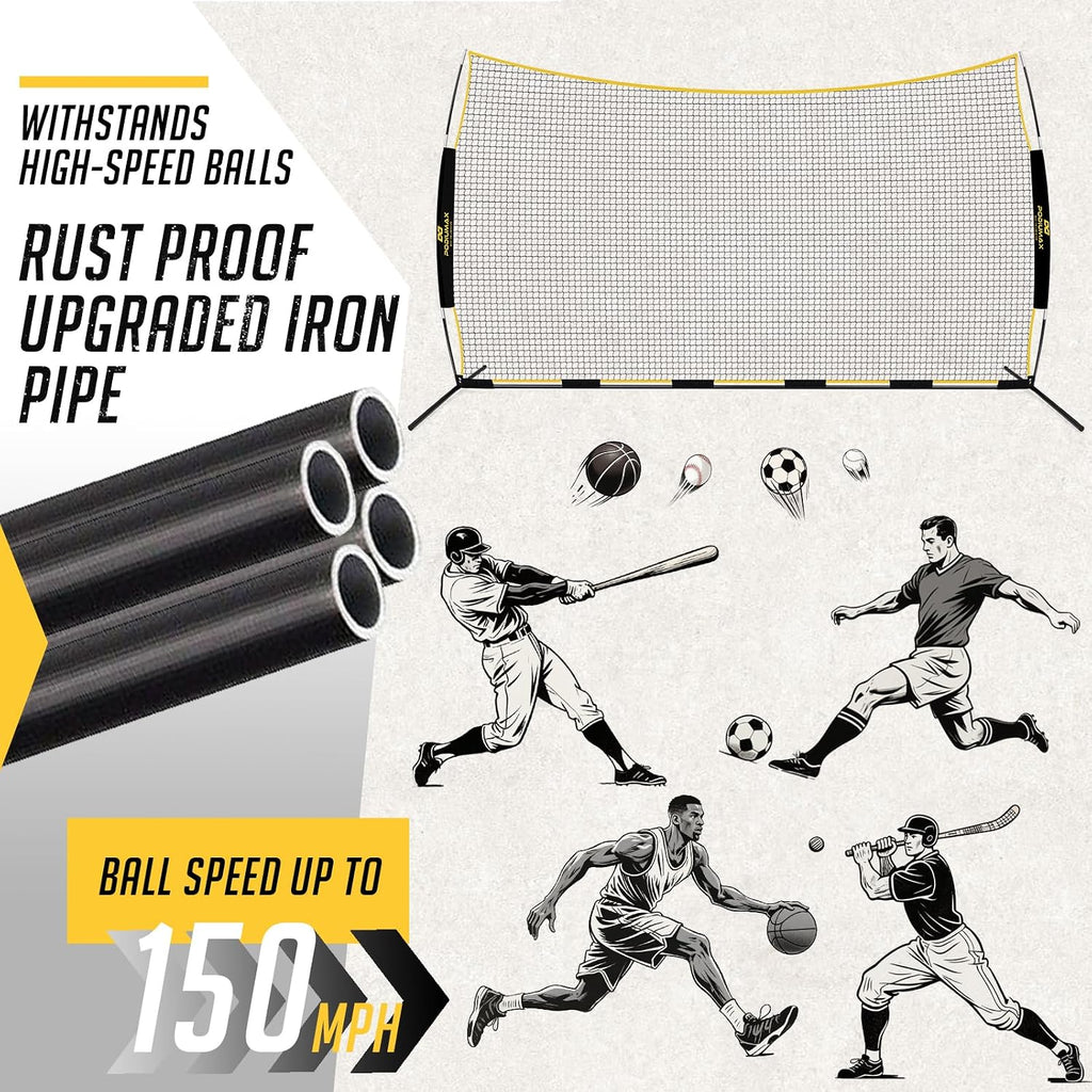 PodiuMax 16x10FT Barricade Backstop Net, Baseball Basketball Barrier with Upgrade Steel Frame, Protective Net for Baseball, Lacrosse, Soccer, Basketball & More, Soccer Backstop Net for Backyard Park