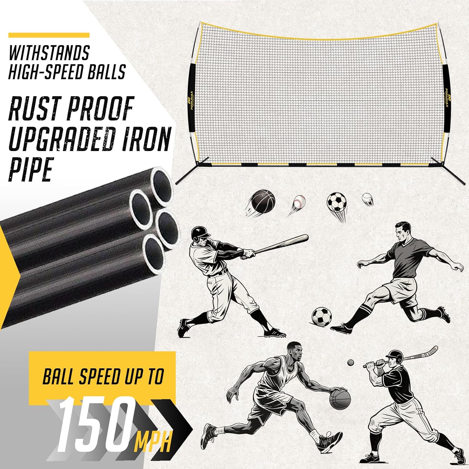 PodiuMax 16x10FT Barricade Backstop Net, Baseball Basketball Barrier with Upgrade Steel Frame, Protective Net for Baseball, Lacrosse, Soccer, Basketball & More, Soccer Backstop Net for Backyard Park