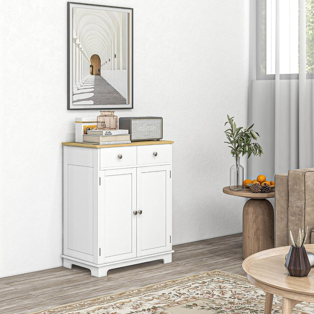 HOMCOM Sideboard Buffet Cabinet with Solid Wood Countertop, Modern Kitchen Storage Cabinet, Coffee Bar Cabinet with 2 Drawers, Doors and Adjustable Shelf, Distressed White