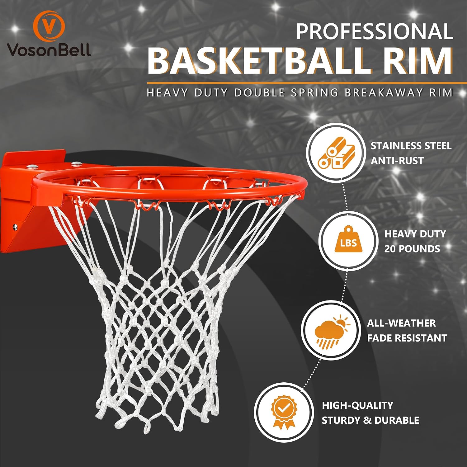 Basketball Rim Replacement, Heavy Duty Breakaway Rim and Net, Universal 18' Professional Double-Spring Solid Steel Backboard Rims Fits In-Ground and Wall-Mounted Basketball Hoops Indoor Outdoor